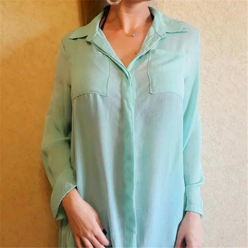 

Women's Soft Cotton Beach Cover-Ups Solid Color Long Sleeve Loose See Through Pocket Summer Holiday Swimwear Beachwear Hot Sale