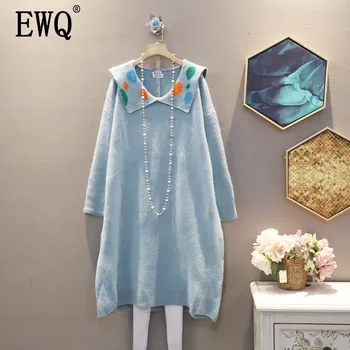 

[EWQ] 2020 Spring Autumn New Full Sleeve Sailor Collar Large Size Loose Wild Slim Women's Fashion Long Length Knit Dress TU353
