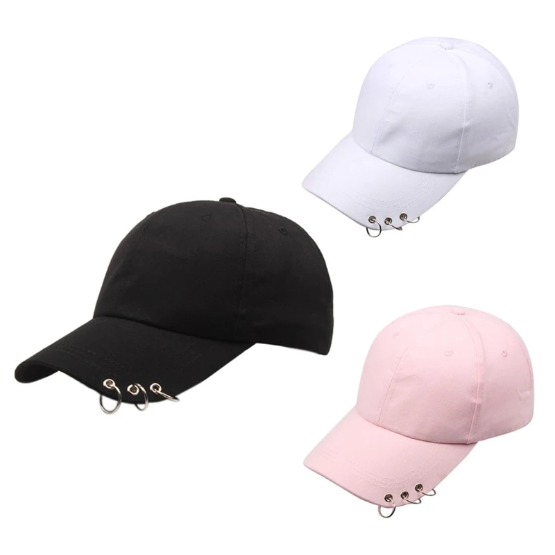 Women Men Korean Harajuku Cotton Baseball Cap with 3 Metal Rings Hip Hop Street Solid Color Adjustable Snapback Dad Hat | Аксессуары для