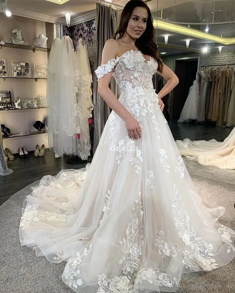 

2020 New Off Shoulder Lace Wedding Dresses For Bride Appliques Sweep Train Country Style Bridal Gowns Modern Vestidoe De Noiva