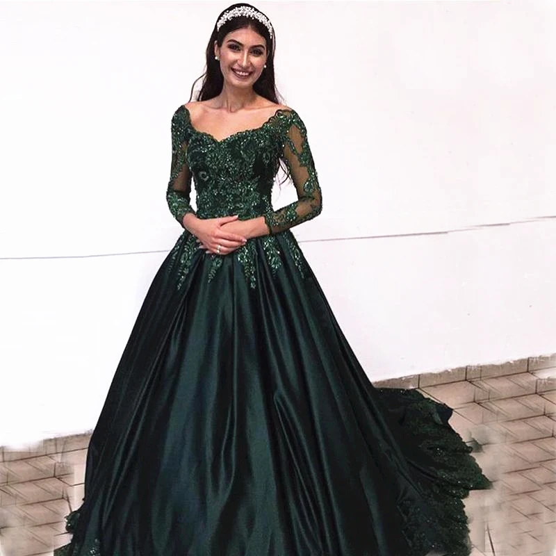 dark-green-long-sleeves-lace-evening-dresses-arabic-2020-scoop-neck-satin-appliques-beaded-formal-   party-prom-dresses-vestidos-de-formal