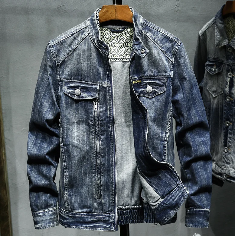 BONJEAN винтажная Байкерская мотоциклетная джинсовая куртка для мужчин, брендовая Повседневная демисезонная куртка с воротником-стойкой, приталенная
