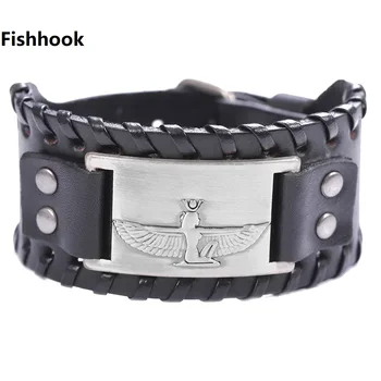

Fishhook Queen of Egypt Holy Guardian Angel and Cleopatra Antique Silver Color Genuine Leather Wide Men Bracelet Men Jewelry