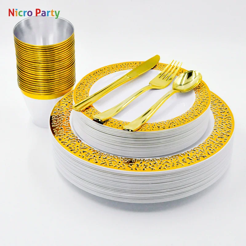 Nicro 150 pcs/set Gold Silver Rose Gold Cups Plastic Plates Fork Knives Spoons Disposable Clear Dinnerware Set