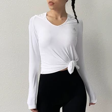 BESGO спортивный топ Для женщин узлом с капюшоном Спортивная футболка для занятий йогой, топ для спортивного зала, верхняя спортивная одежда рубашка Для женщин тренировки Фитнес с длинным рукавом