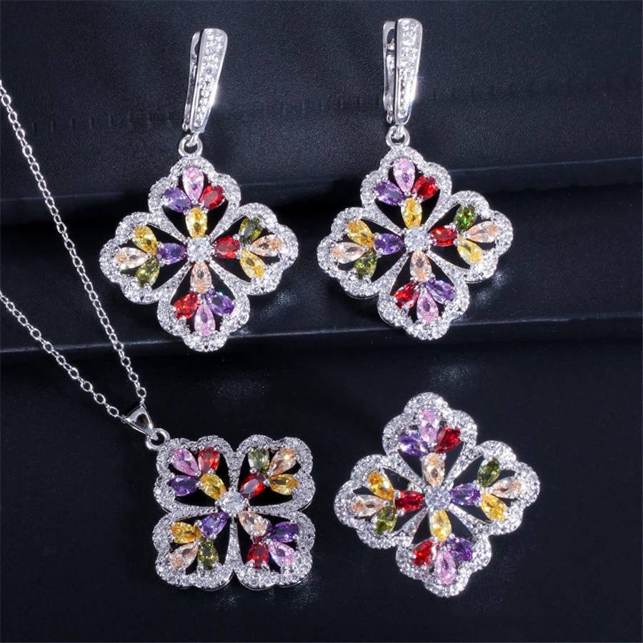 MS062-color Molinuo модные серьги в форме клевера, кольцо, подвеска, три части, высокое качество, Женские Ювелирные изделия, свадьба, помолвка - Окраска металла: MS062-color