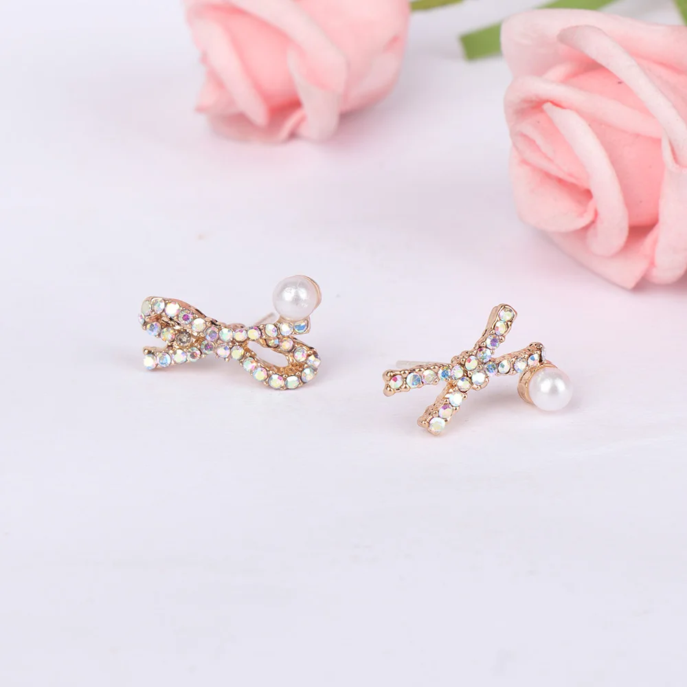

1 Pair Stud Earrings Women Korean Lovely Bow Simulated Pearl Asymmetric Rhinestone Pendientes Fashion Jewelry Gifts