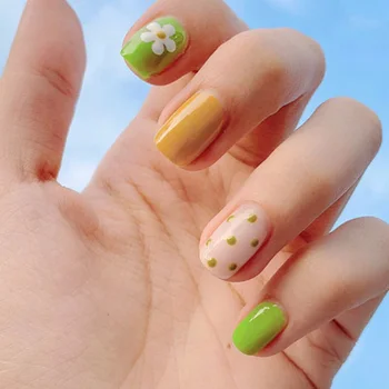 

24pcs/Set Avocado green Full Cover Flash Nail Summer Light Green Wave Point Fake Nails Square Head Multiple Color with Glue