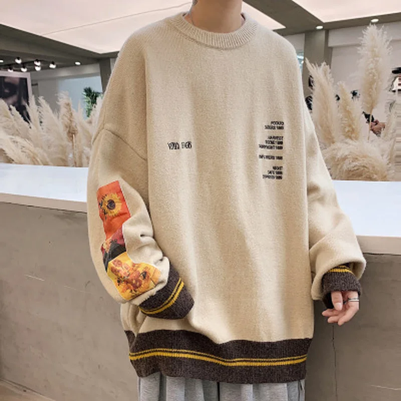 Sudadera estilo Hip Hop para hombre, ropa de calle, suéter de punto bordado con pintura de Van Gogh, suéteres Retro Vintage para otoño, 2021