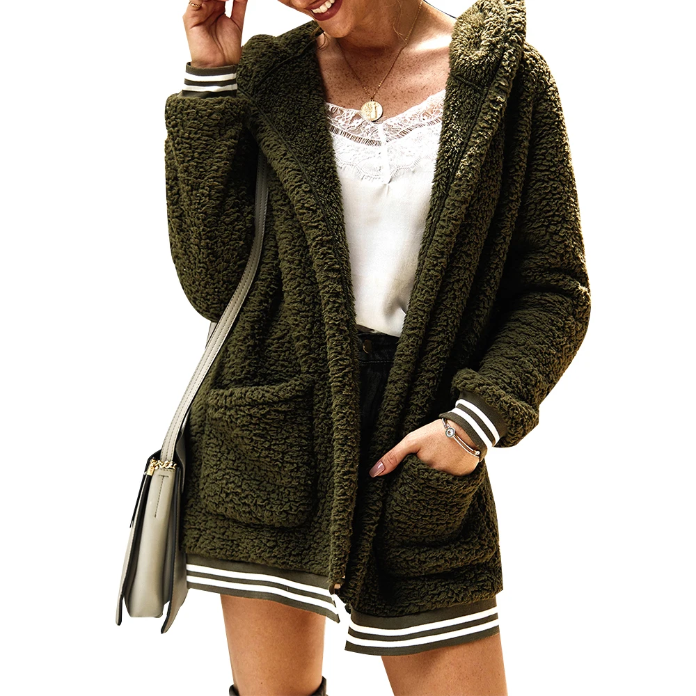 army green B Модное женское флисовое пальто из искусственной овчины с капюшоном, куртка, пальто, Осень-зима, плюшевое теплое толстое плюшевое пальто, женское повседневное пальто - Цвет: army green B