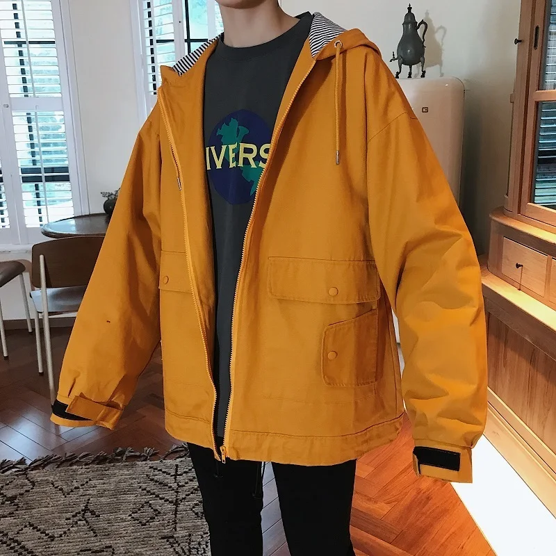 

2020 spring and autumn male jacket new Cotton windbreaker trend loose student solid color casual tooling Chinese Style Black