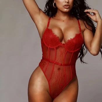 

Sexy New Red Lace Bodysuit Bodycon Body Women Transparent Fitness Bodys Sleeveless Slim Overalls Transparent Rompers