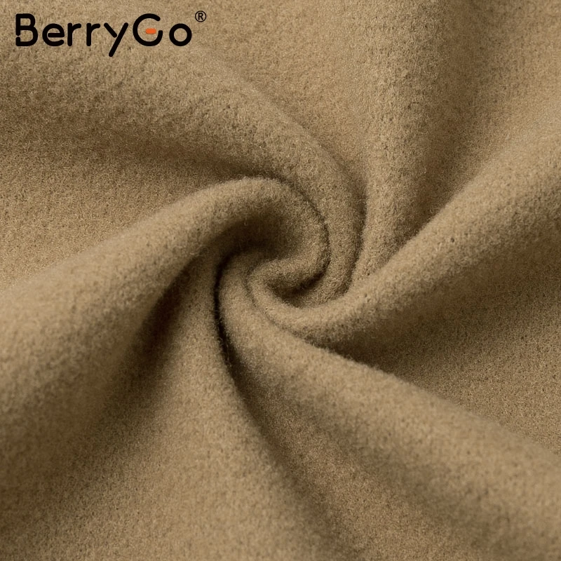 BerryGo, Элегантное длинное пальто цвета хаки, Женское пальто с поясом и карманами, Осень-зима, Женское пальто с длинным рукавом, женская верхняя одежда, твидовые пальто