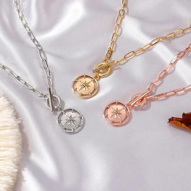 Necklaces Womans Jewelry North Star Necklace Ladies Pendant Round Chain Lovers Wedding Silver Color Trendy Korean Metal Collier | Украшения