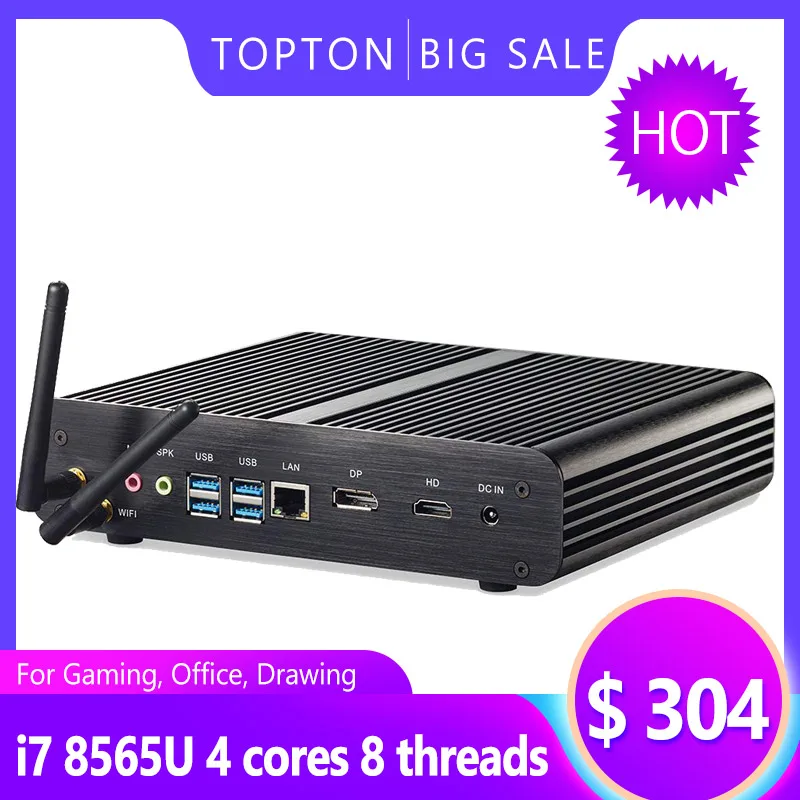 Игровой ПК Topton Nuc Безвентиляторный Компьютер Intel Core i7 8565U 8550U 4 ядра 8 потоков 2 * DDR4 M.2