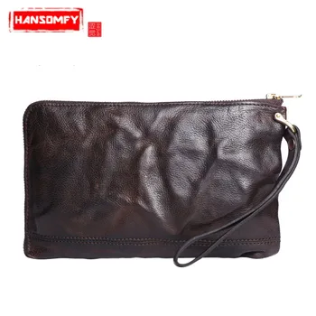 

Retro Wrinkled Men Short Zipper Clutch Bag Cross Wrap Short Zipper Clutch Bag Luxury Original Brand Genuine Leather Vintage Soft