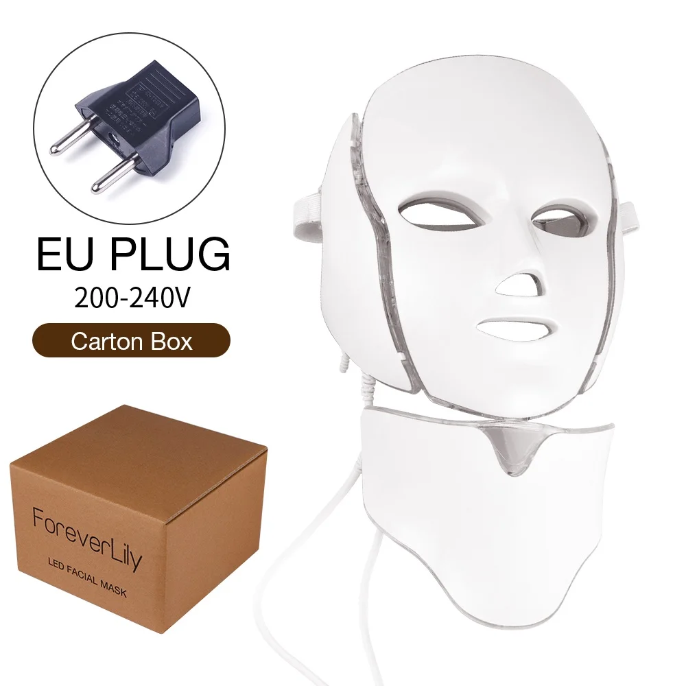 EU PLUG (220-240V) Foreverlily 7 цветов светильник светодиодный маска для лица с омоложением кожи шеи уход за лицом Лечение Красота анти акне терапия отбеливание - Цвет: EU PLUG (220-240V)