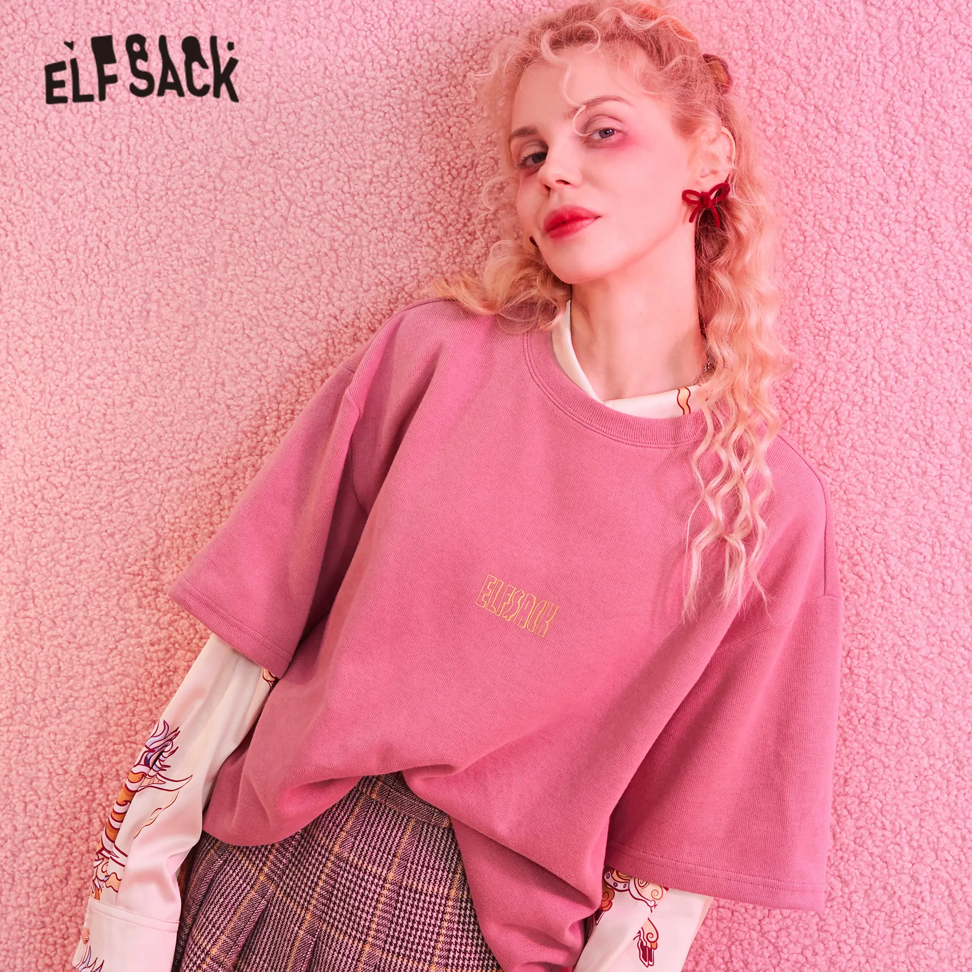 ELFSACK, розовая одноцветная женская футболка с принтом тигра, большие размеры, зима, черный единорог, китайский стиль, короткий рукав, повседневные женские базовые Топы