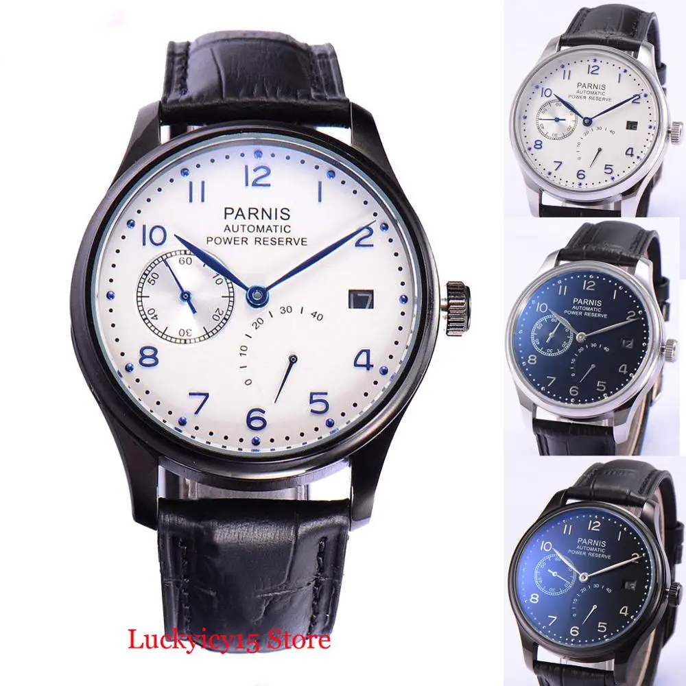 

4 Models PARNIS 43mm Automatic Men Watch Power Reserve Indicator Date Window ST2530 Movement Wristwatch