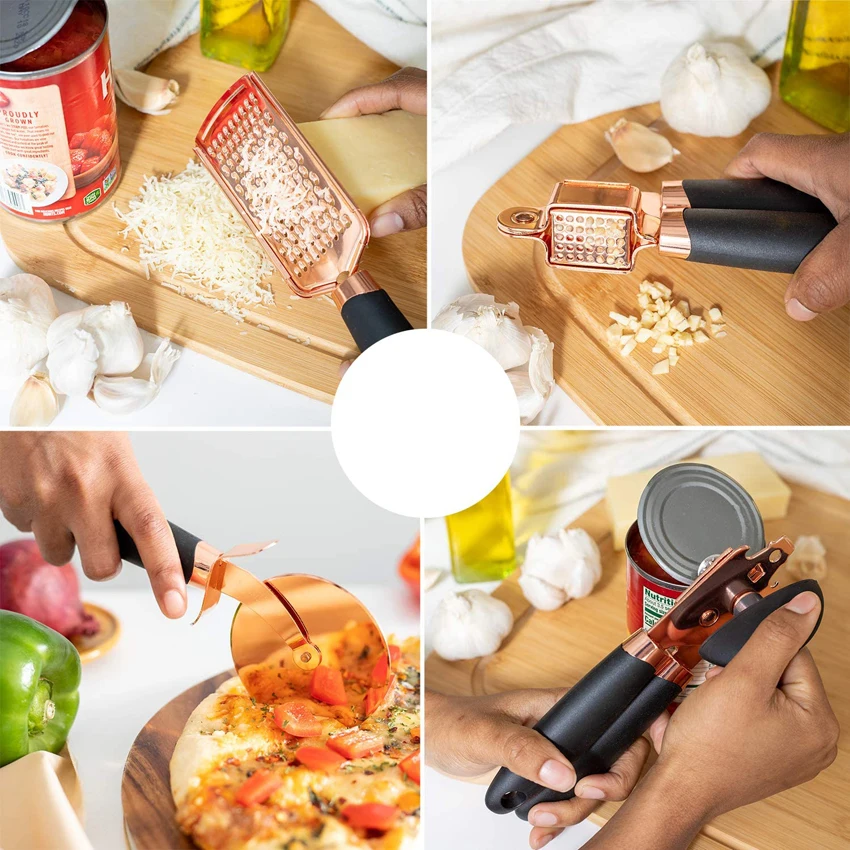 7 pcs kitchen gadget set copper coated stainless steel utensils with soft touch rose gold garlic press pizza cutter