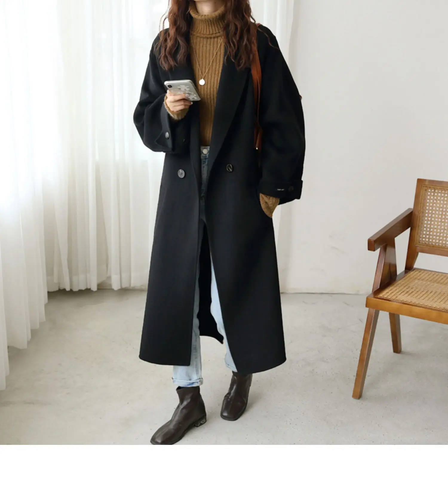 Women Overcoat Outwear Coat Korean Winter Long Loose Cardigans Lace Up Full Sleeve Manteau Femme