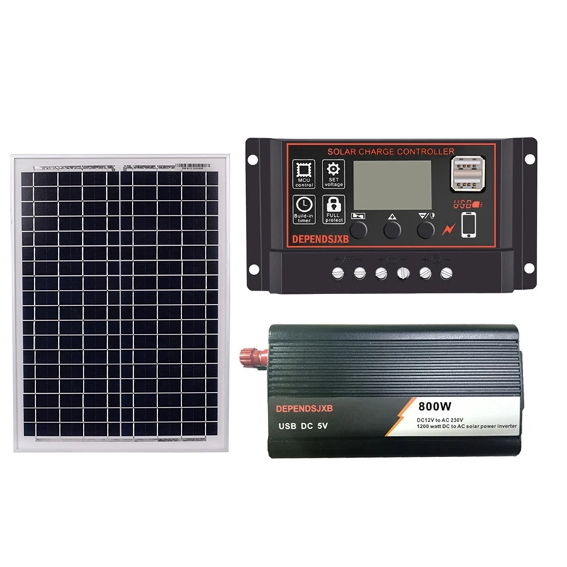 

18V20W Solar Panel +12V 10/20/30/40/50A Controller + 800W Inverter Dc12V-Ac230V Solar Power Generation Kit, For Outdoor And Home