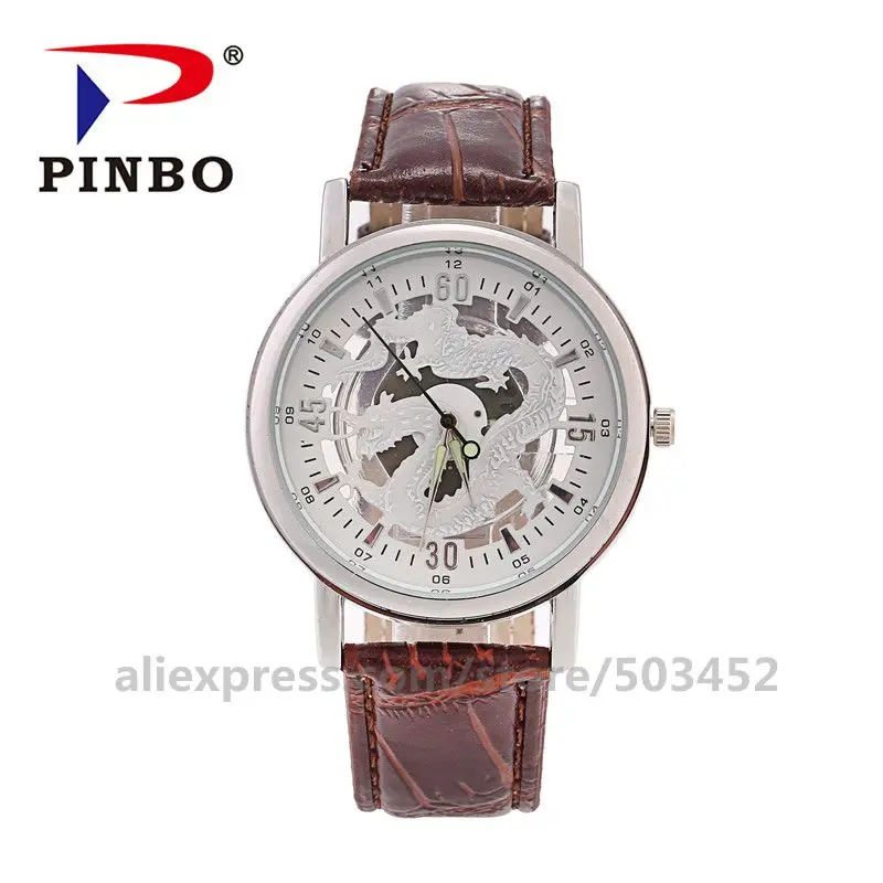 brown silver 100 шт./лот, полые наручные часы, мужские, простые, Erkek Kol Saat, дракон, кожаный ремень, спортивные,, Zegarek mecski Stoper - Цвет: brown silver