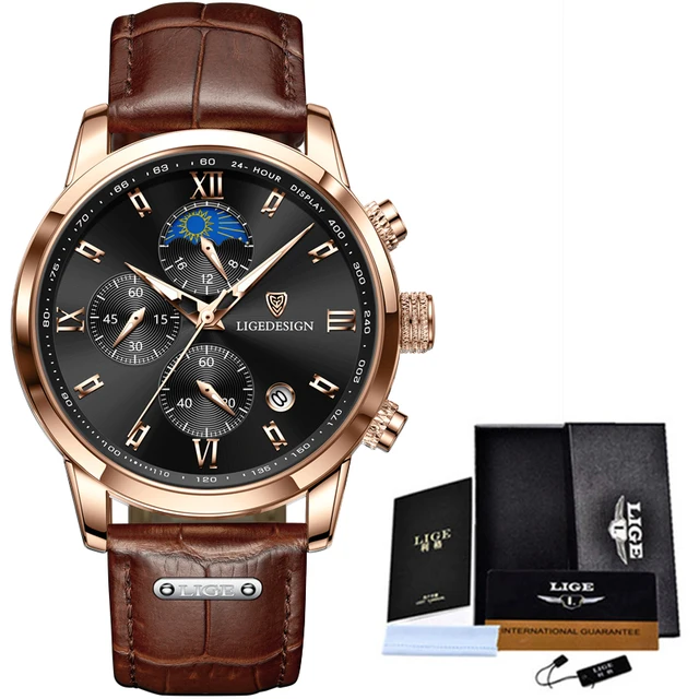 LIGE Business Mens Watches Brand Luxury Leather Waterproof Sport Quartz Chronograph Military Watch Men Clock Relogio Masculino Gold Black