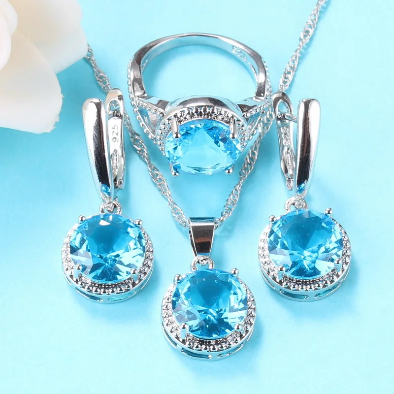 Bridal Jewelry Sets Silver 925 Round Sky Blue Cubic Zirconia Ring With Earrings Women Accessories 10-Colors Gift | Украшения и