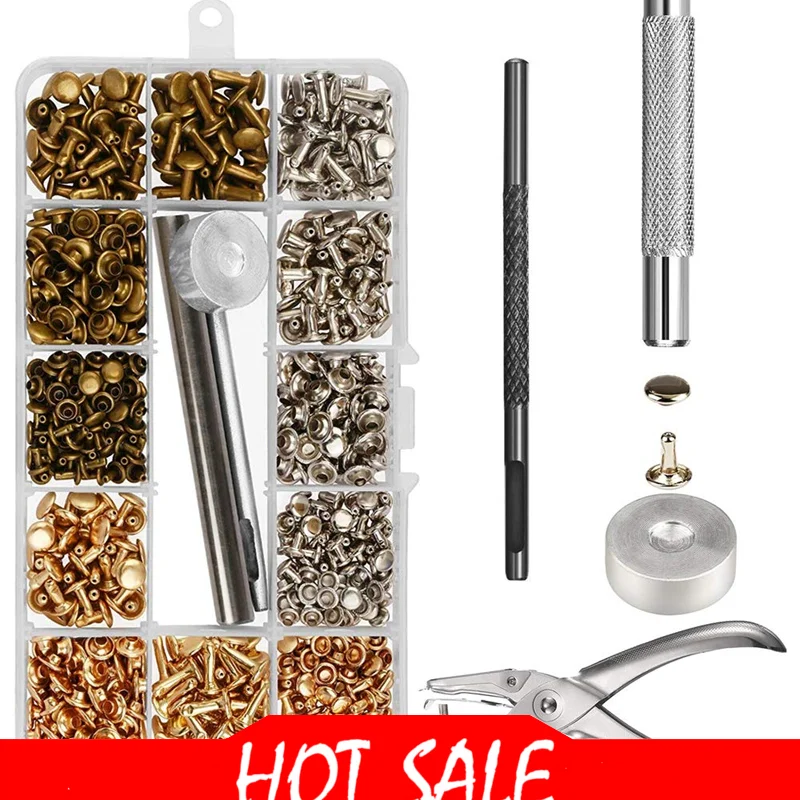 300 Sets Leather Rivets Double Cap Rivet Tubular Metal Studs With Punch Pliers Fixing Set Tools