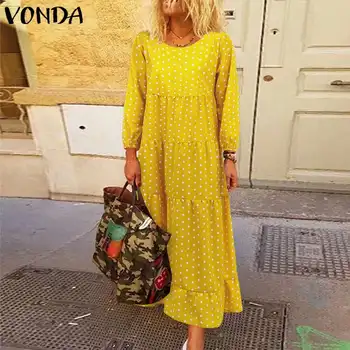 

Dot Printed Long Maxi Dress 2020 VONDA Casual O Neck Lantern Sleeve Bohemian Dresses Plus Size Autumn Party Sundress S-5XL Robe