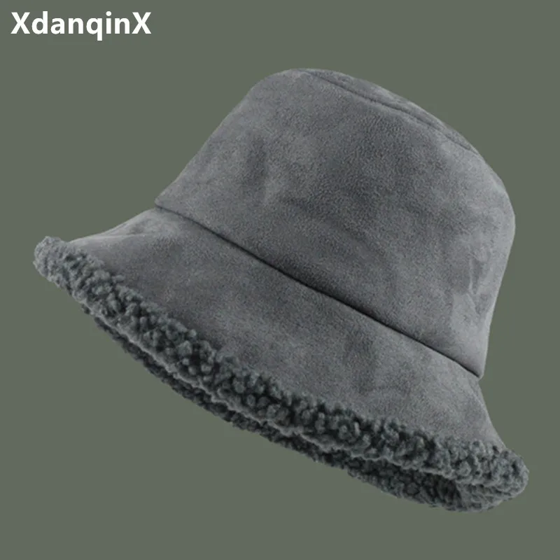 

XdanqinX Elegant Ladies Fluffy Hat Winter Women's Hat Lamb Woolen Warm Bucket Hats Plush Fashion Caps Plus Velvet Padded Ski Cap