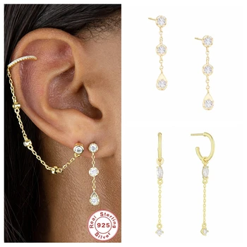 

100% S925 Sterling Silver Sparkling Crystal Stud Earrings For Women Girls Ladies Tassel Earring Jewerly Pendientes orecchini