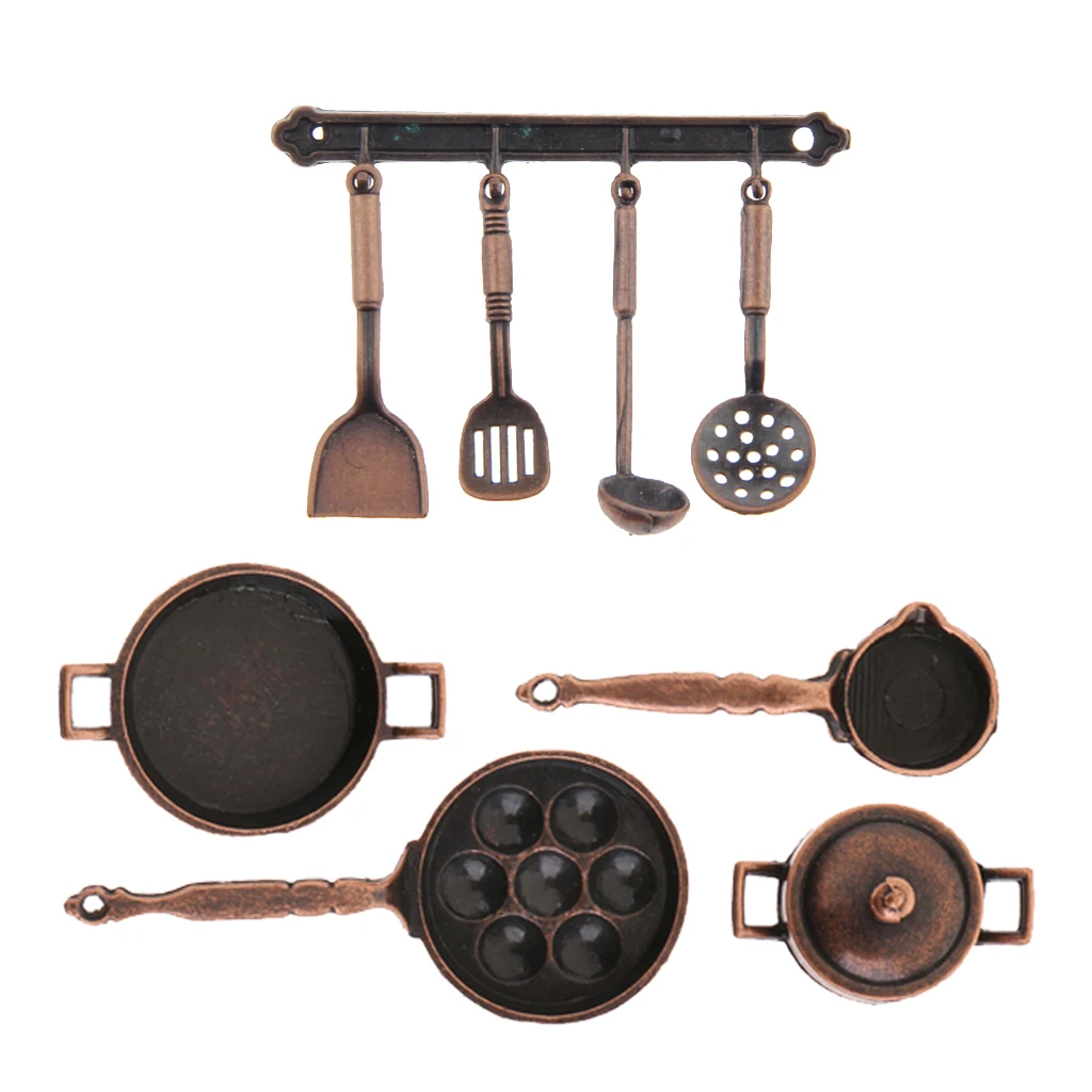 9pcs 1/12 Dollhouse Miniature Metal Kitchenware Kitchen Furniture Set Bronze
