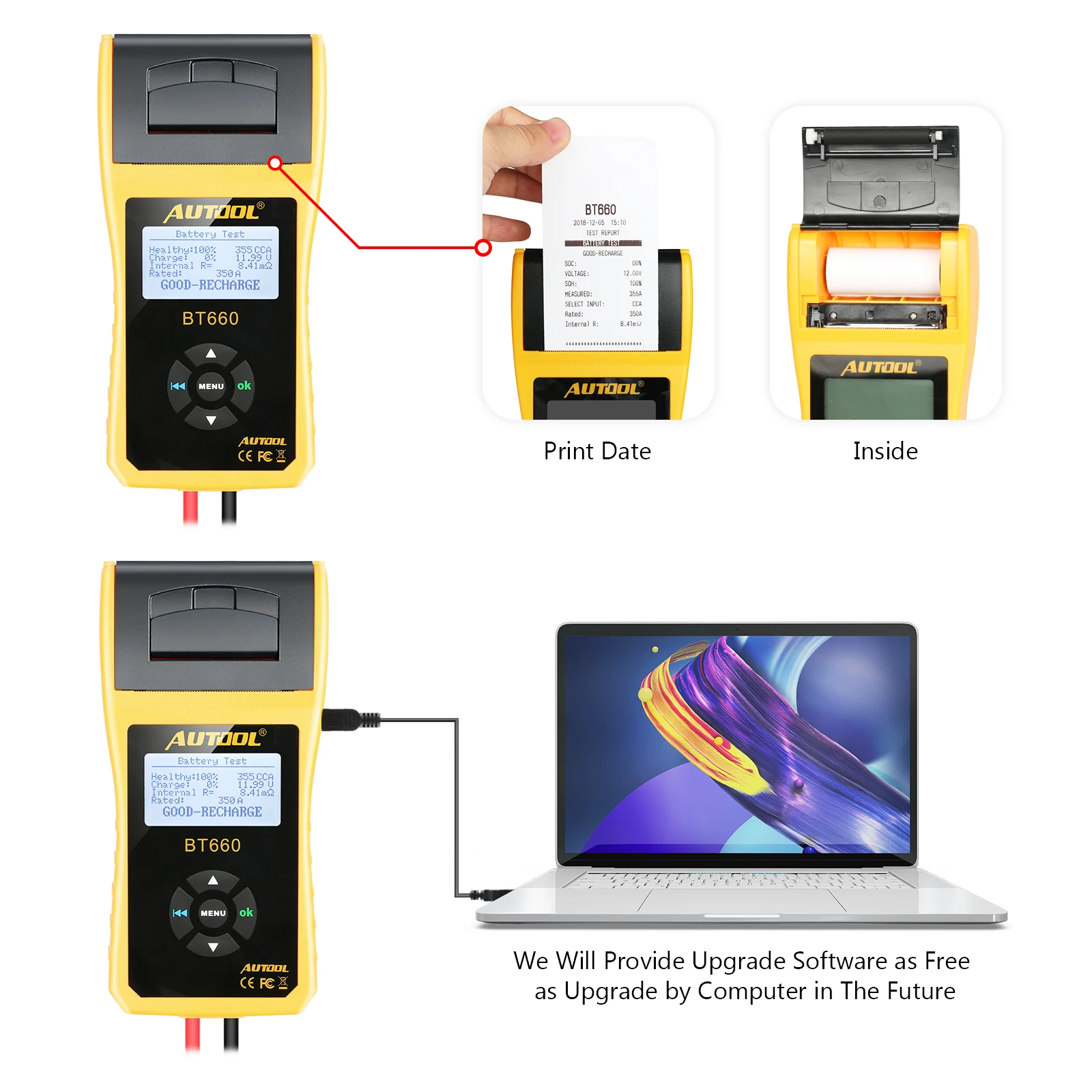 AUTOOL BT660 12V//24V Battery Load Tester Analyzer with Printer for Regular Flooded CCA 100-3000 Cold Cranking Amps Auto Battery Health Checker with Data Printer Cranking System Test and Charging System Test for Cars and Trucks