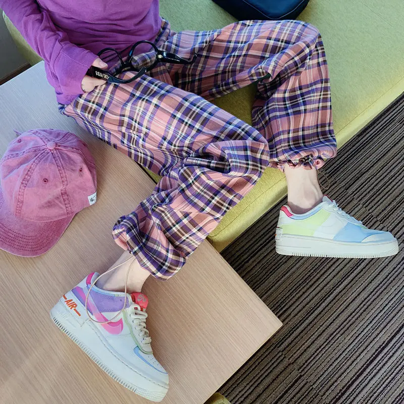 Korean Women Mid Waist Straight Plaid Ankle-Length Pants Drawstring Loose Pockets Trousers Female Fashion Summer Office Pants Korean Women Mid Waist Straight Plaid Ankle-Length Pants Drawstring Loose Pockets Trousers Female Fashion Summer Office Pants