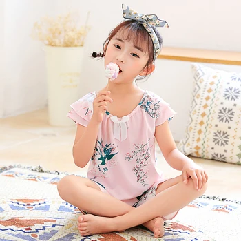 

Young Girl Summer Short Sleeve Cotton Sleepwear Shirt Cute Print Girl Pajamas Set Kids Cloth Student Girl Baby Pajamas Set