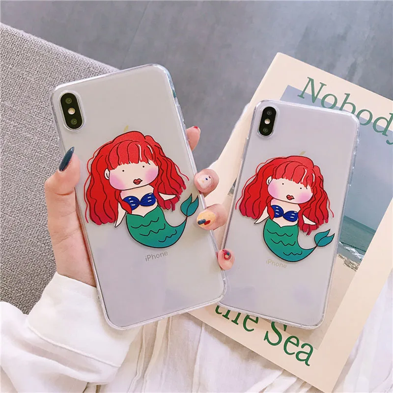

For iPhone X Case Transparent Phone Case For iPhone XS Max XR 6 6S 7 8 Plus Clear Back Cover Soft TPU Cartoon Cute Mermaid Funda