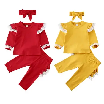 

0-24M New Infant Baby Girl Clothes Sets Long Sleeve Lace Ruffle Top T-Shirt Pants Leggings 3Pcs Outfit