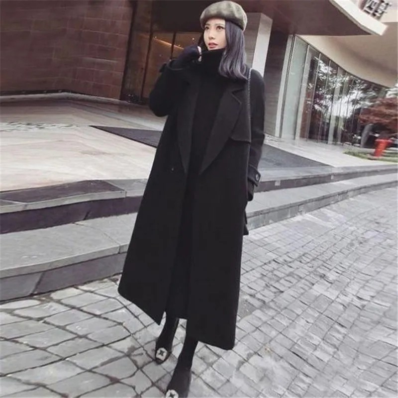 Осенне-зимнее пальто женские повседневные шерстяные куртки блейзеры женская Элегантная черная Шерстяная Смесь пальто длинное с поясом Верхняя одежда R997