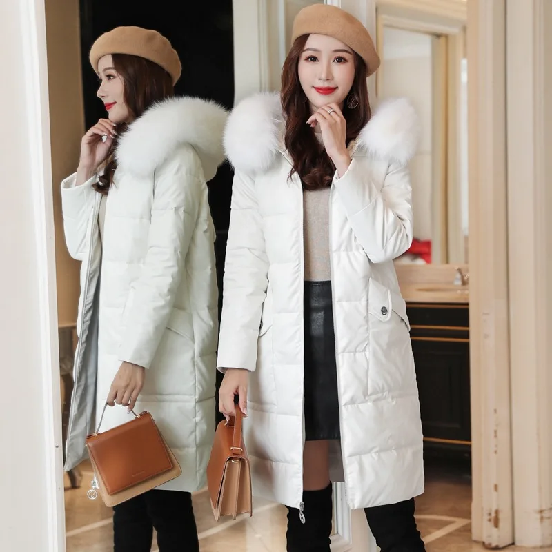 

Mid-length PU Leather down Jacket Cotton-padded Clothes Women's 2019 Winter Korean-style Really Fox Fur Collar Slimming Thick Le