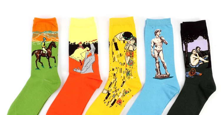 Женские носки под платье с принтом знаменитой живописи, забавные хлопковые носки с рисунком Ван Гога, женские носки, забавные носки