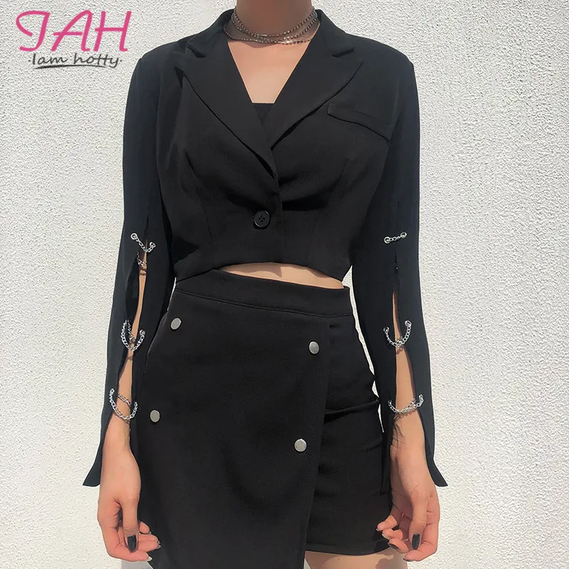 

Iamhotty Black Long Sleeve Blazer Blanco Mujer Notched Office Lady Chain Single Button Casual Blaser Feminino Fashion Elegant