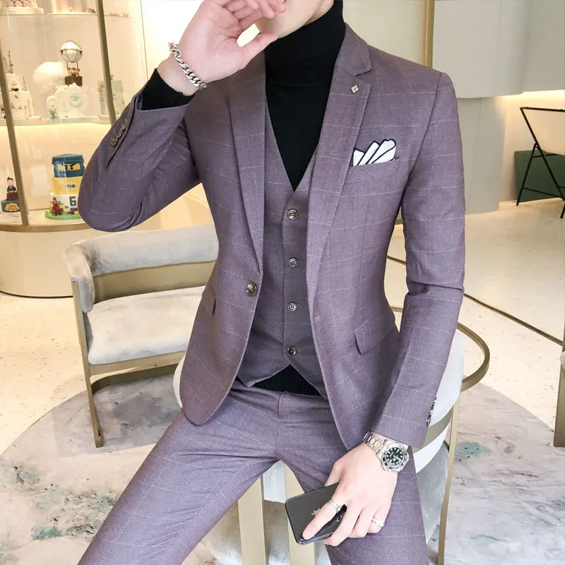 Warm Thick Set Men's Autumn And Winter Plus Size British Plaid Suit Male Korean Version Of The Self-cultivation Three-piece