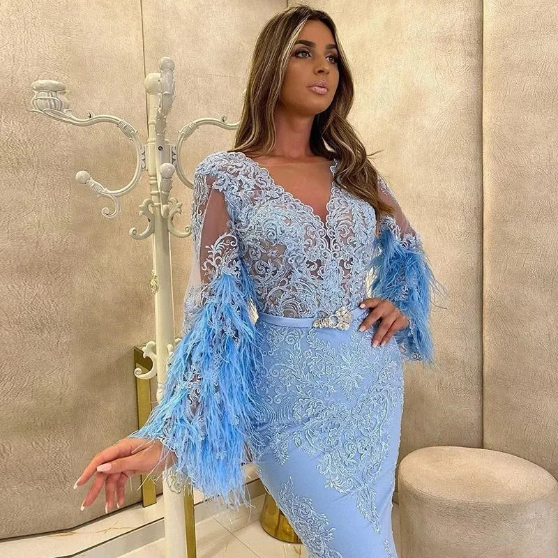 Sky Blue Cocktail Dresses Sheath V-neck Long Sleeves Tea Length Appliques Feather Party Homecoming Dresses Customized