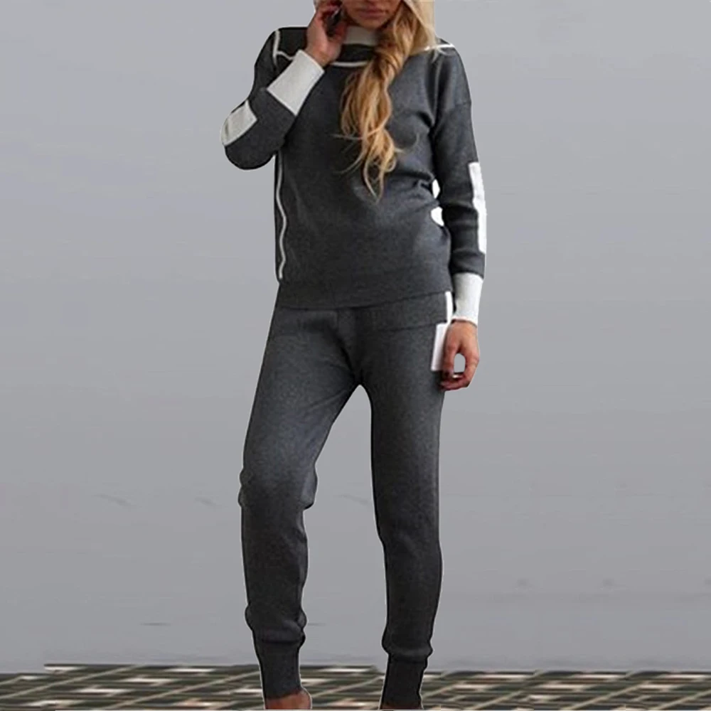 gray Women 2 Piece Knitted Set Tracksuit Sweater Sweatshirts Autumn Winter Suit Knit Pants Sporting Suit Sport Jogger Pants Suits - Цвет: gray