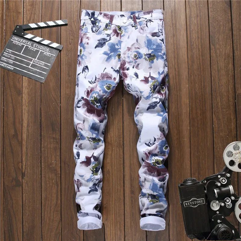 

Spring 2018 Korean fashion personality 3D printing casual stretch men's small feet jeans pants