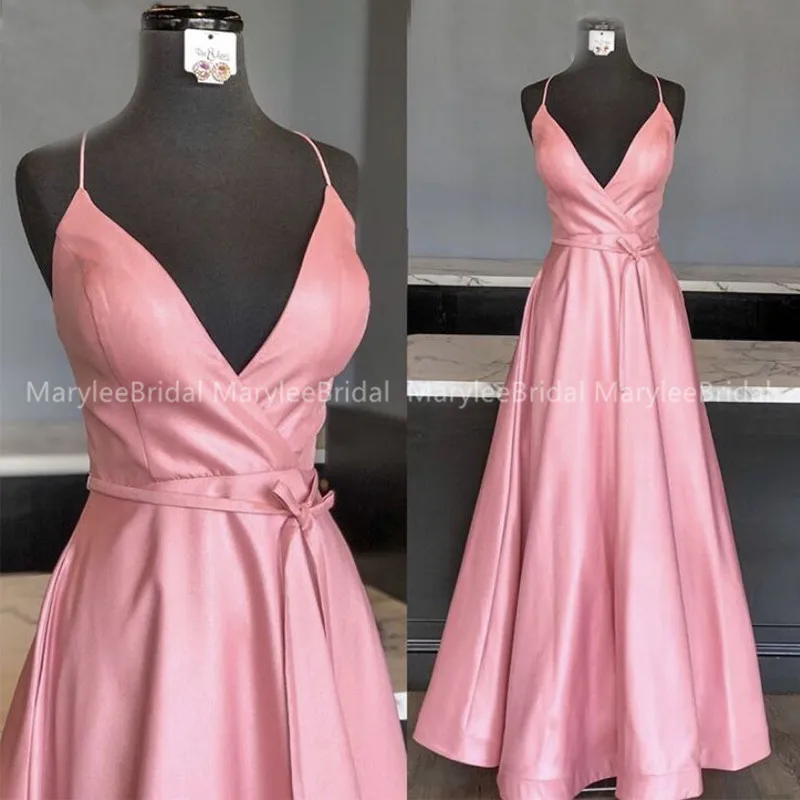 Очаровательное розовое атласное платье для выпускного вечера, v-образный вырез, бант, пояс, длина до пола,, простое праздничное платье, Vestido De Fiesta De Graduacion