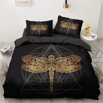 

3D Duvet Quilt Cover Set Bedding Sets Comforter Bed Linen Pillowcase King Queen 203x230cm Size Black Gold Dragonfly Design