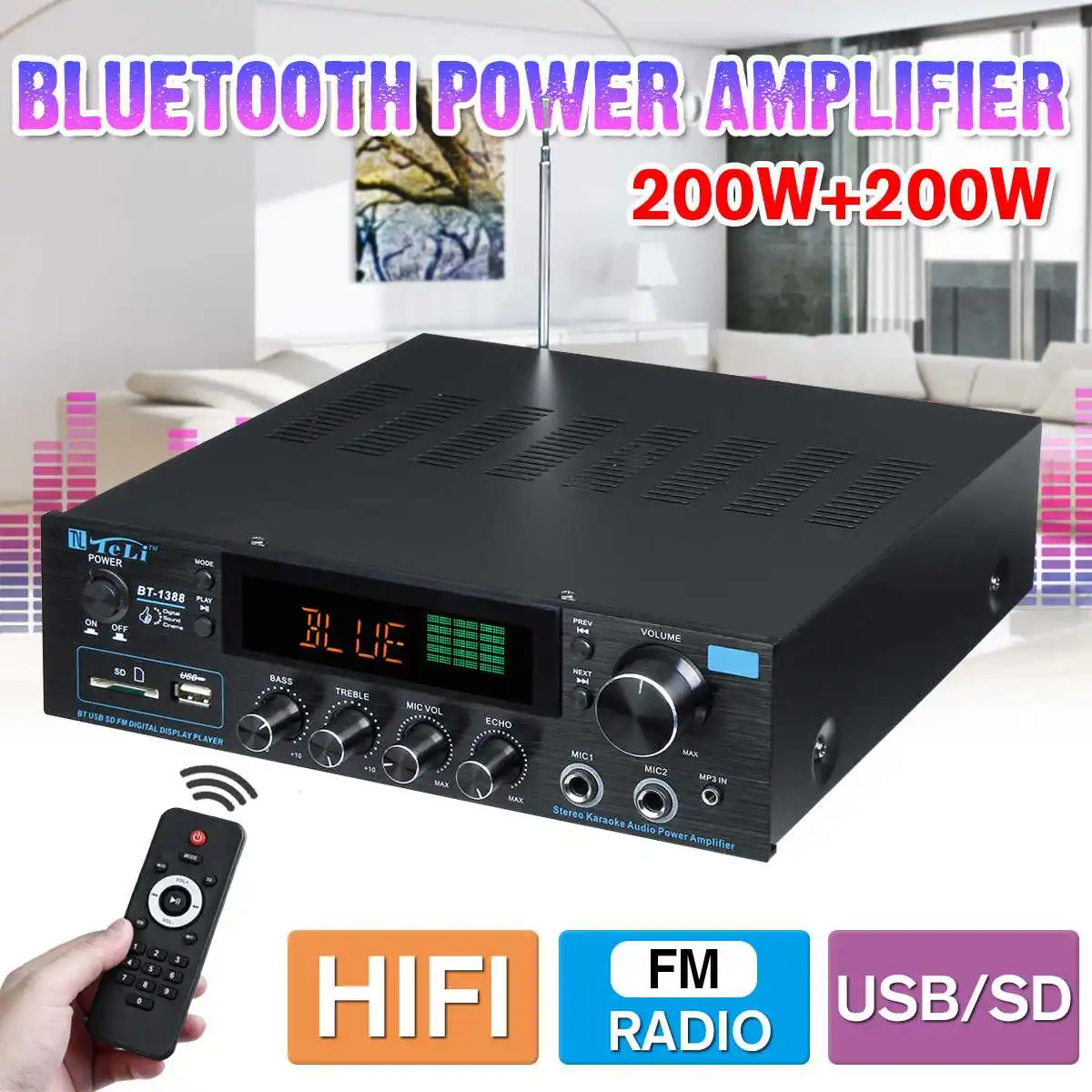 

110-240V 2000W Wireless Digital Audio Amplifier 16ohm bluetooth Stereo Karaoke Amplifier 2MIC Input FM RC Home Theater Amplifier